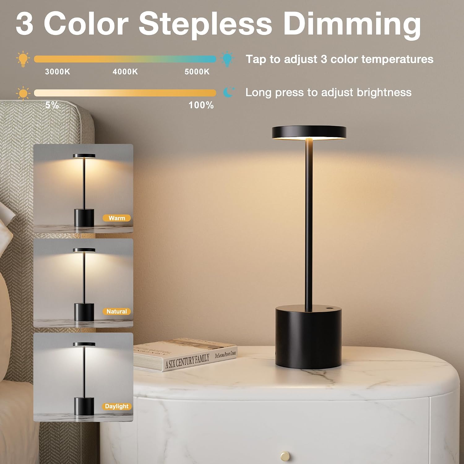 Cordless Rechargeable Table Lamp, 4000mAh Battery Operated, Black, 2 Pack
