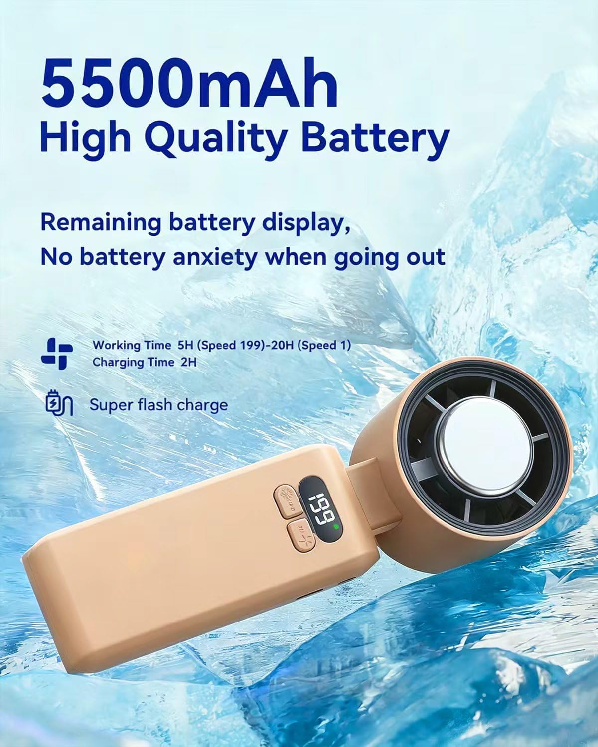 Handheld Portable Turbo Fan with Ice Cooler, Speed (1-199) 5500mAh Rechargeable Personal Fan,[20H Cooling Time] Mini Yet Powerful [20000 RPM] Small Pocket Fans for Travel/Outdoor/Home/, Gold Pink