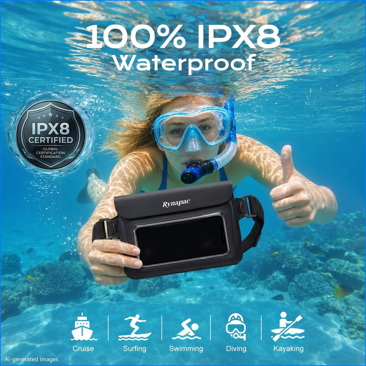 2 Pack Waterproof Fanny Pack, IPX8 Double Space Dry Bag Phone Pouch