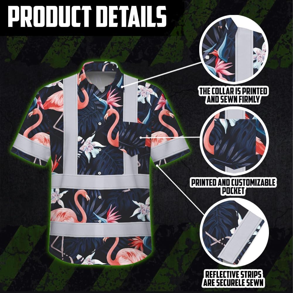 High Visibility Hawaiian Shirt for Men Tropical Shirts Custom Name Floral Outfit Reflective Safety Workwear