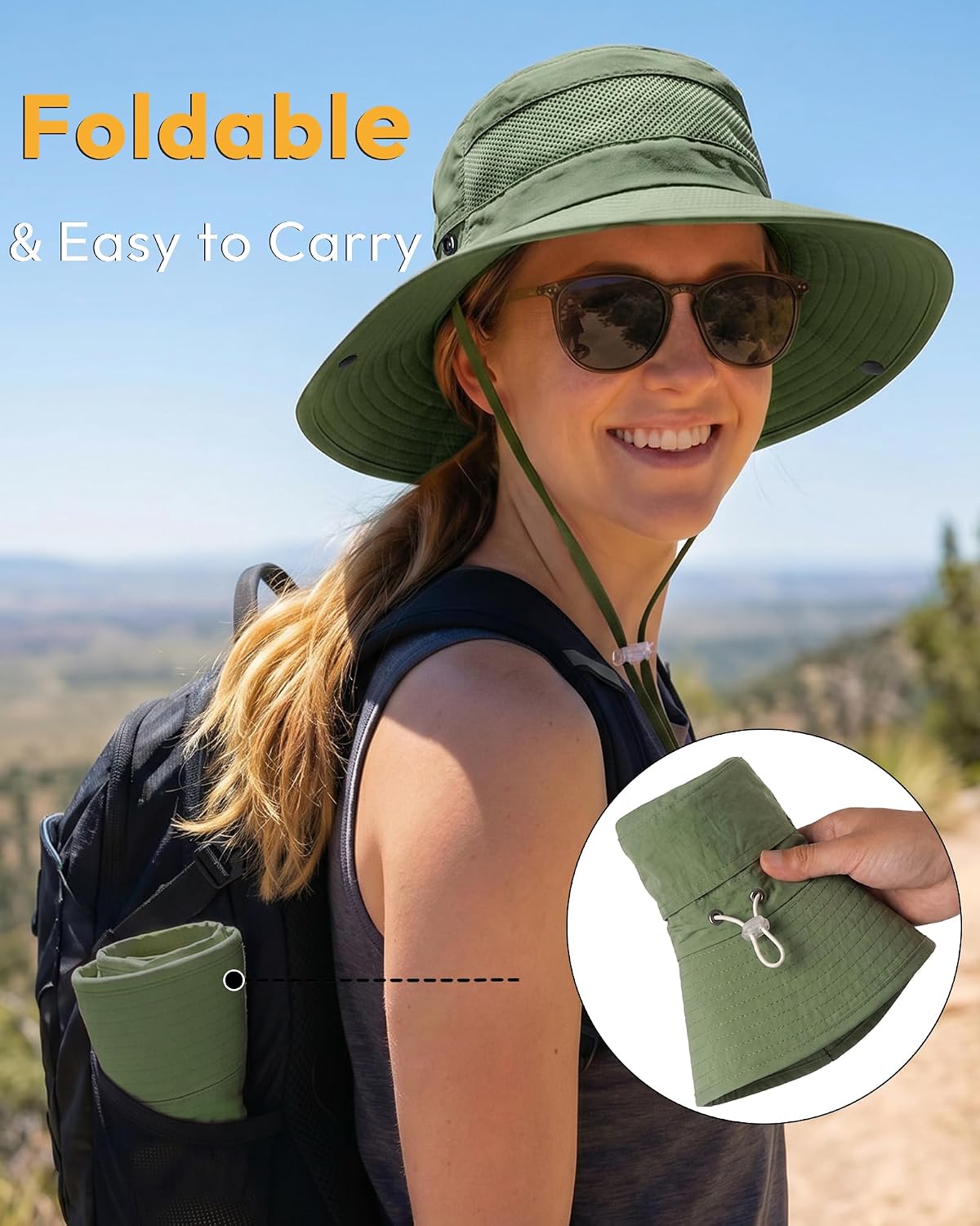 Women's Sun Hat Sun Protection Wide Brim Bucket with Ponytail Hole Summer