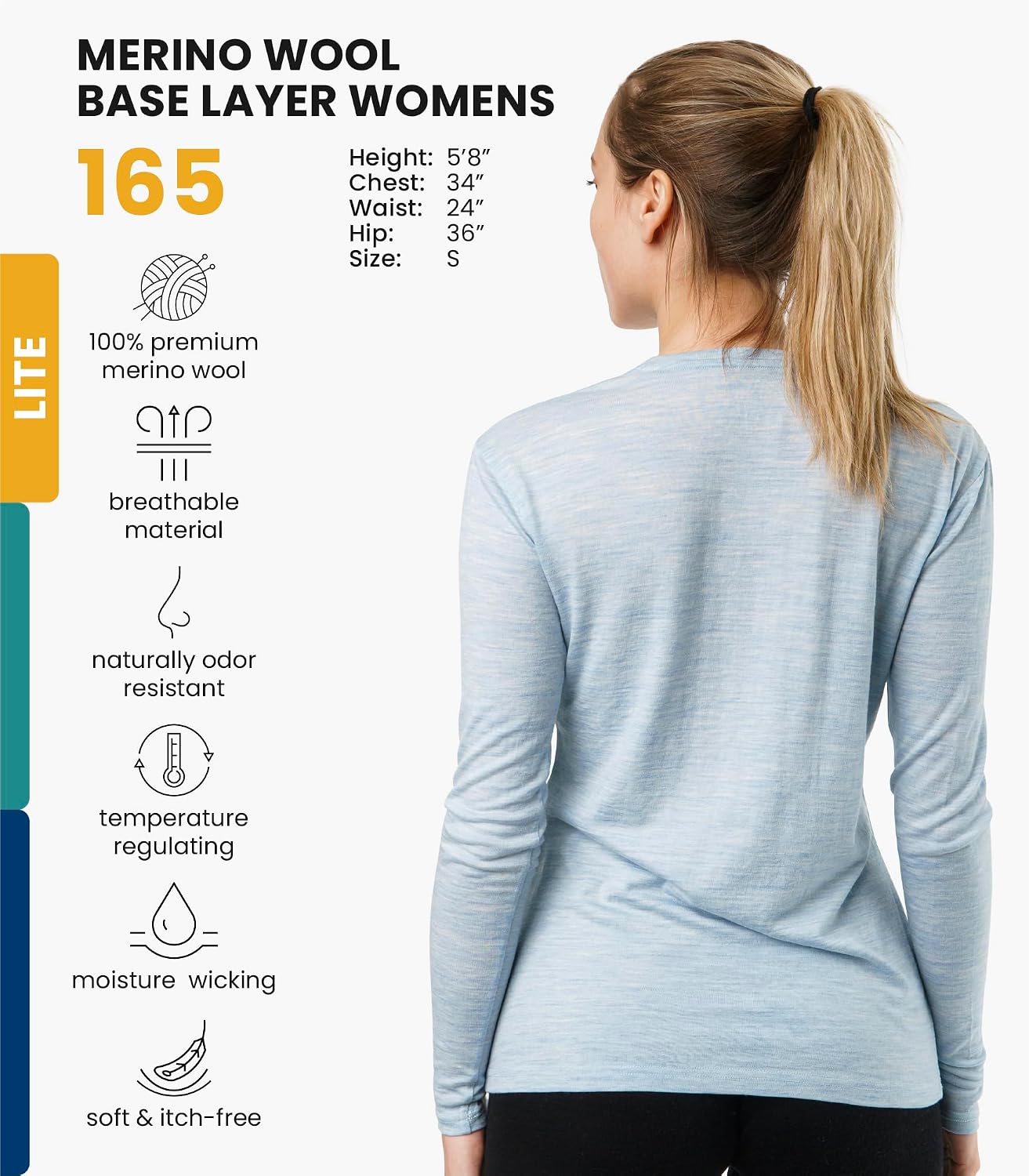 100% Merino Wool Base Layer Women - Long Sleeve Thermal Shirt with Socks