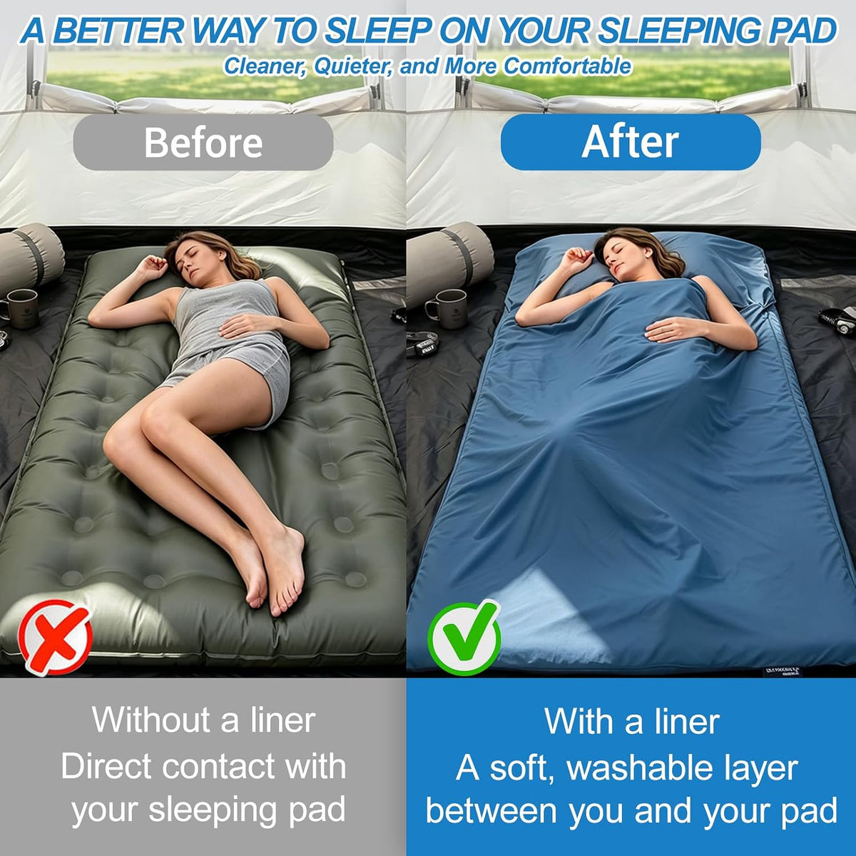 Camping Sleeping Pad Sheet & Sleeping Bag Liner 2-in-1 Camping Sheets