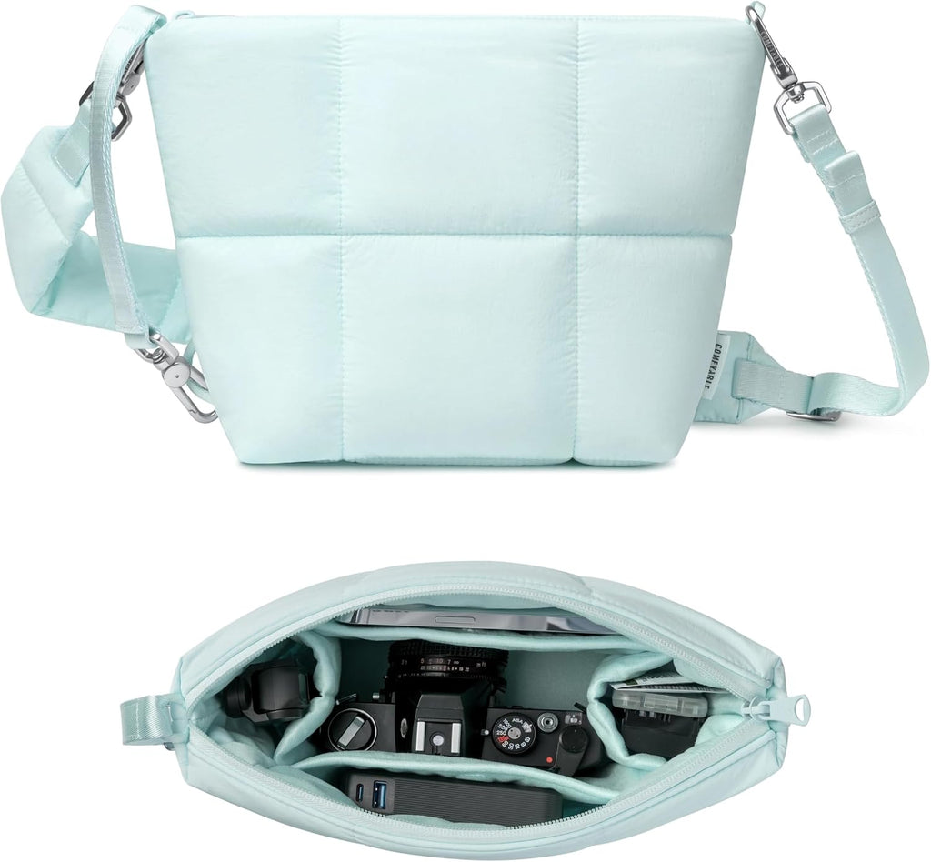 Comfyable Puffy Camera Bag, Soft Pillow Camera Bag with Shoulder Strap, Water-resistant Cute Compact Shooting Purse for Mirrorless DSLR SLR Women and Men, Ice Blue
