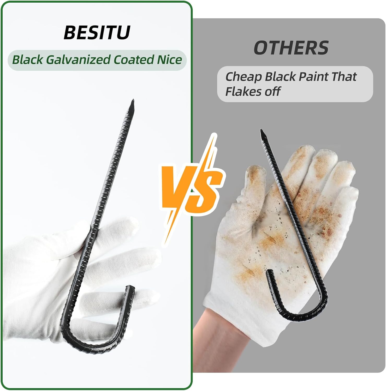 Besitu 12 Inch Rebar Stakes J Hook Ground Stakes 16-Pack Heavy Duty Galvanized Chain Link Fence Stakes Metal Tent Stakes for Outdoor Lawn Decorations Inflatables Canopy Swing Set