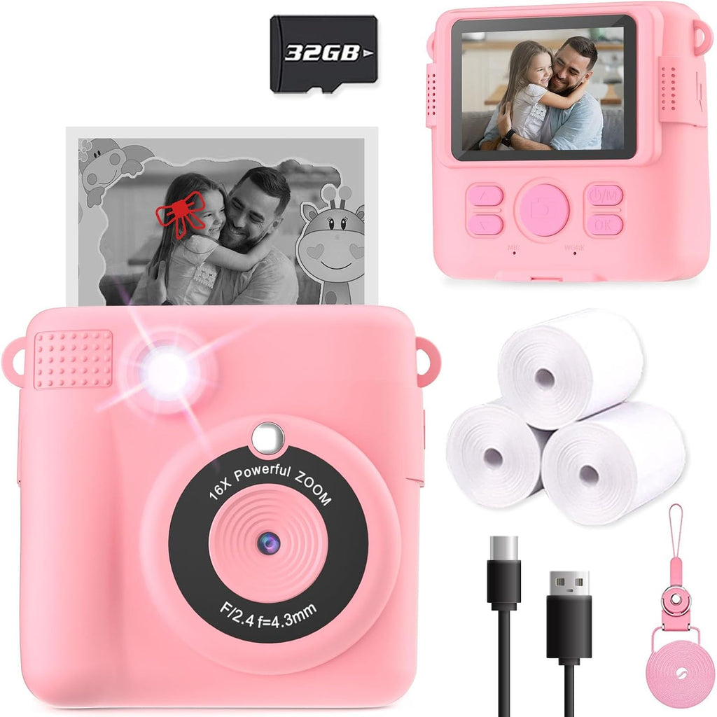 ESOXOFFORE Kids Camera Instant Print, Christmas Birthday Gifts for Kids Age 3-12, Selfie Digital Camera with 1080P Videos,Toddler Portable Travel Cameras Toy for 4 5 6 7 8 9 Year Old Boys Black