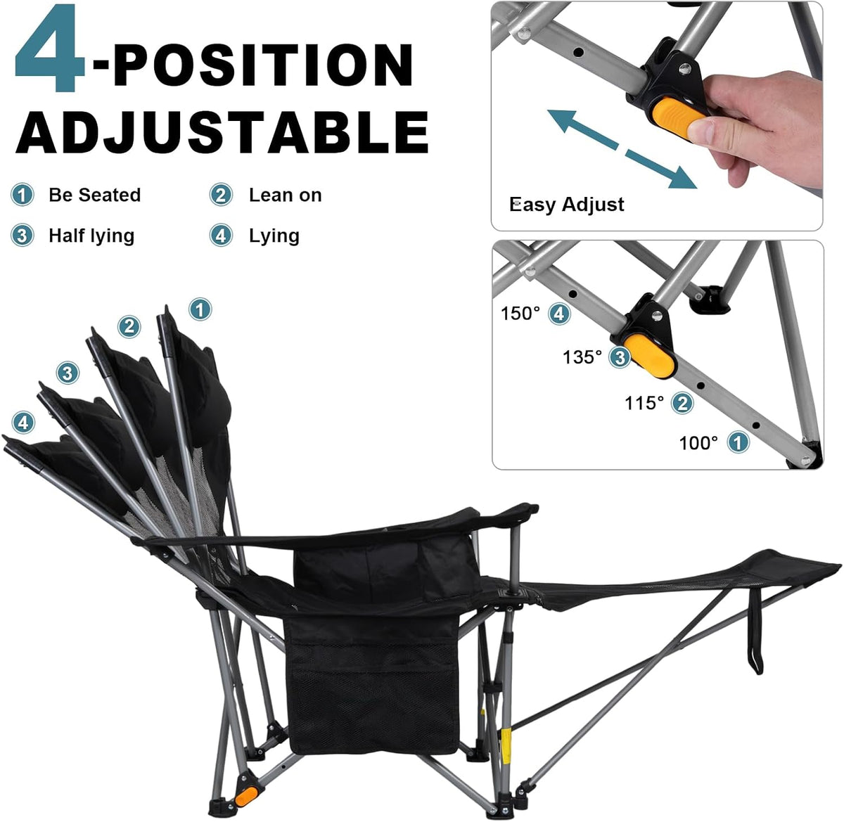 Romswi 2 Pack Reclining Camping Chairs with Removable Footrests, 4-Position Adjustable Lounge Chairs, 300 LBS Heavy Duty Folding Chairs with Cooler Bag, Cup Holder & Carry Bag, Mesh Black