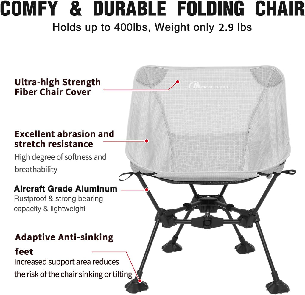 MOON LENCE Portable Camping Chair，Lightweight Backpacking Hiking Chairs,Compact,Foldable,with Anti-Sinking Large Feet for Beach,330 lbs Capacity (Grey, Standard)