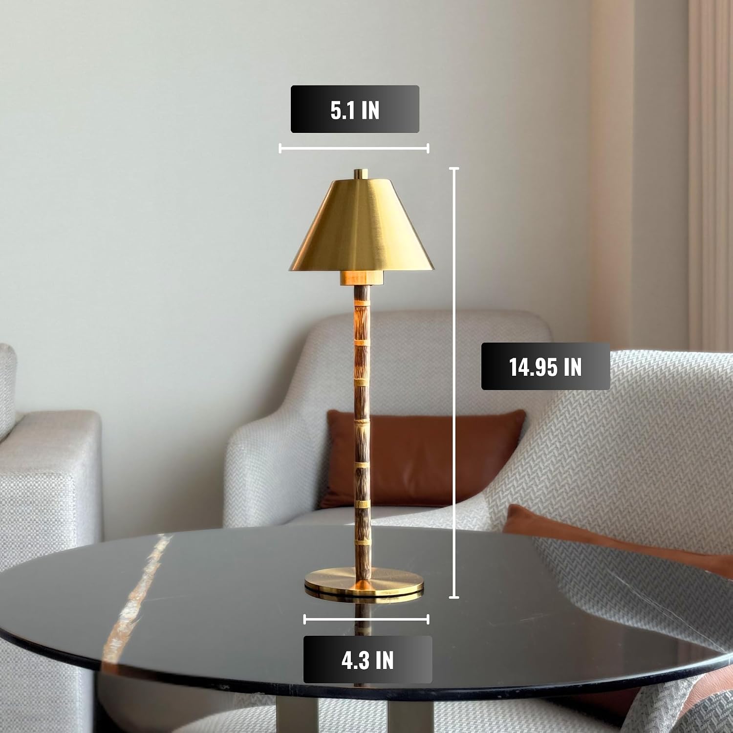 Bamboo Cordless LED Table Lamp – Rechargeable 24-Hour Battery, Dimmable Warm Light, Portable Wireless Lamp with Remote for Indoor/Outdoor Use, Home, Patio, Restaurant – (POLISHED GOLD), 14.76" Tall