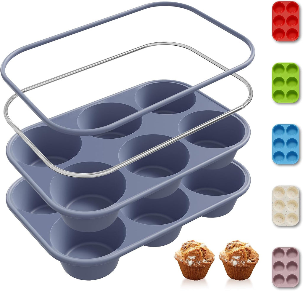 Socisen 2 Pack 6 Cups Silicone Jumbo Muffin Pan with Metal Reinforced Frame Silicone Molds for Baking Cupcake Cake Baking Pans Muffin Tin Tart Pans Baking Set for Easter Christmas holiday Cookie Tin