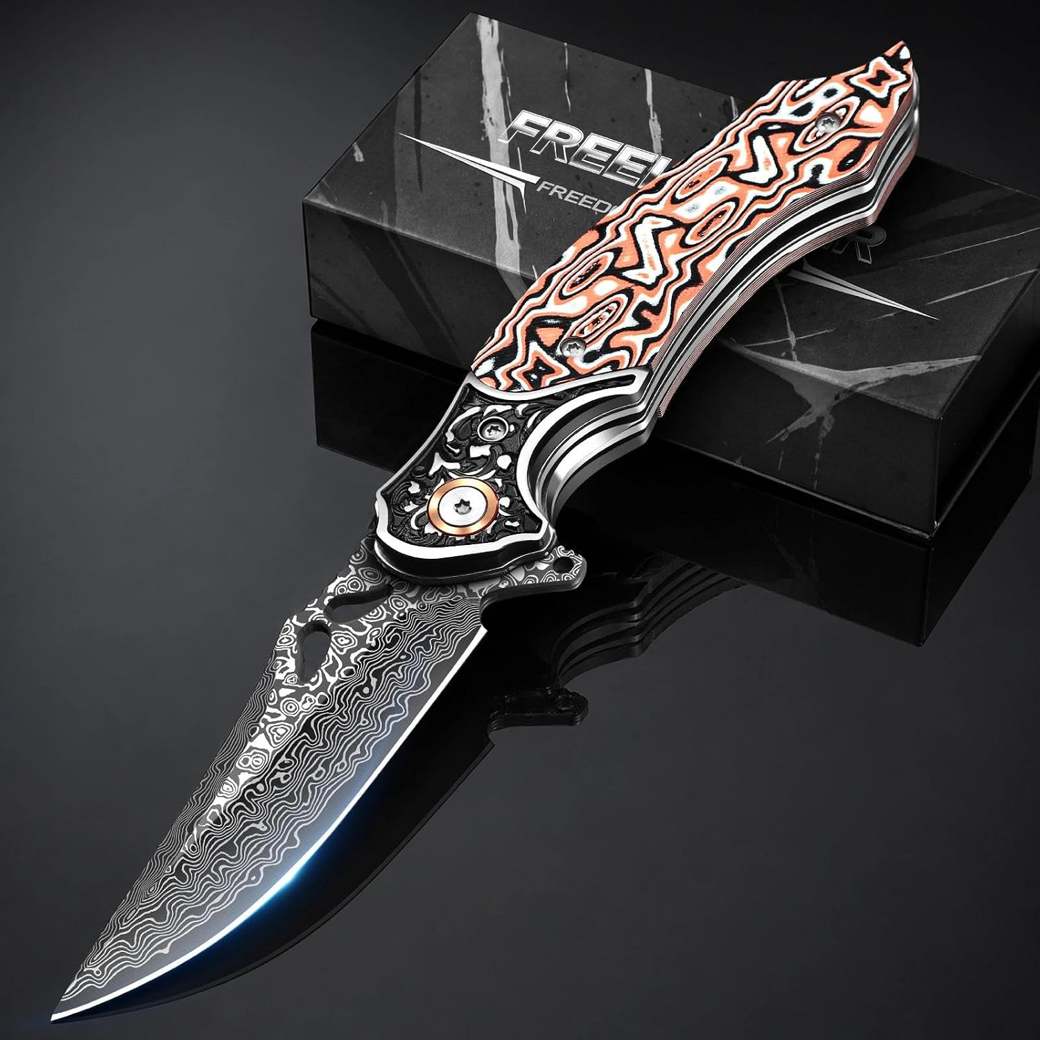 Freelander Damascus Folding Pocket Knife with G10 Handle - Gifts for Men