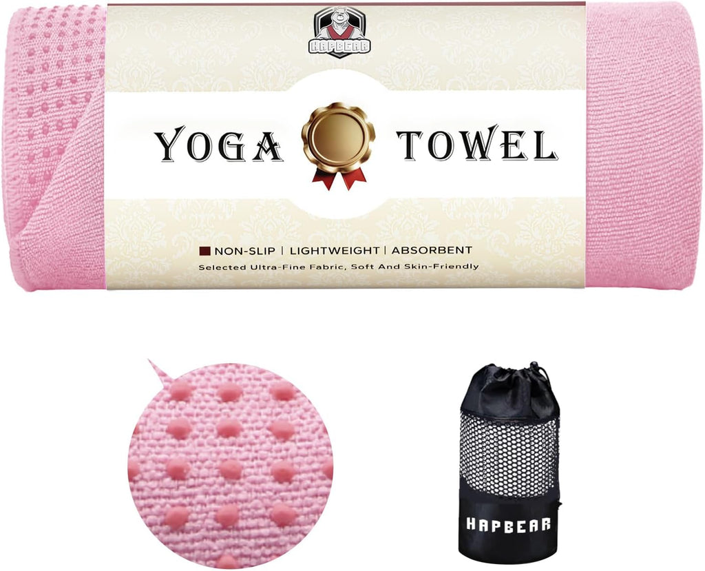 HAPBEAR Non Slip Yoga Mat Towel with Grip Dots, 72" x 24" Hot Yoga Towel - Super Absorbent Microfiber Yoga Towel for Hot Yoga, Bikram, Pilates and Gym Workout - Grey