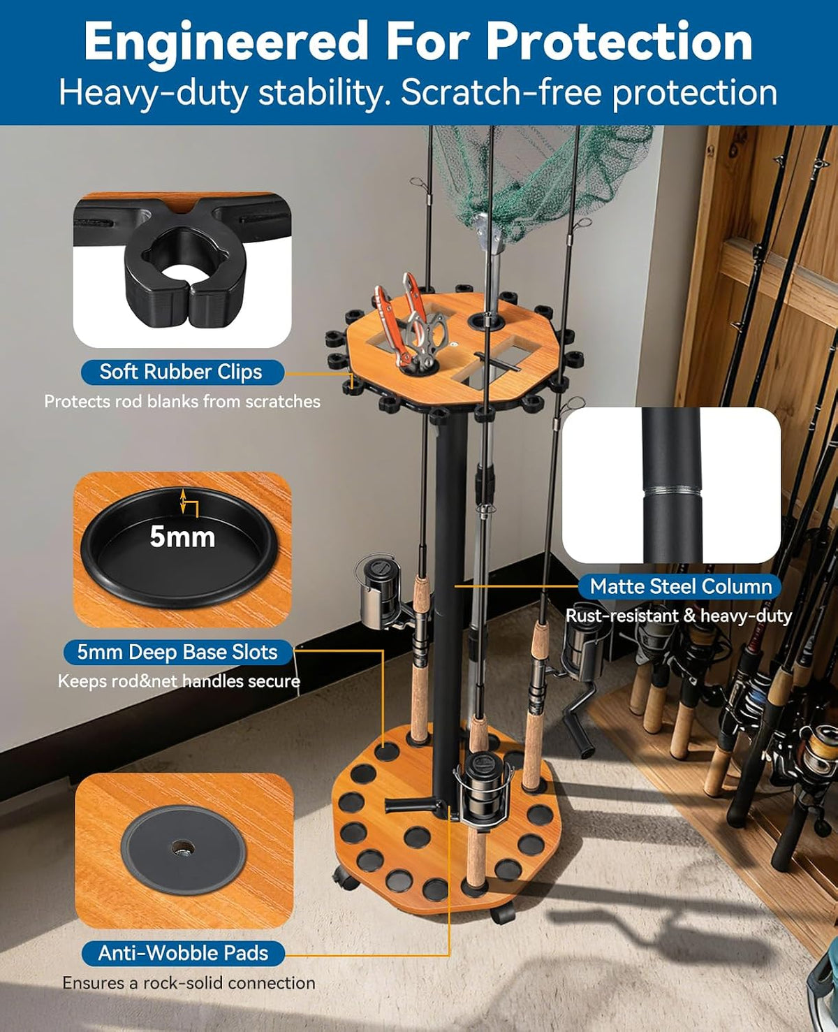 KEXMO Fishing Rod Holder Pole Rack for Garage with Wheels