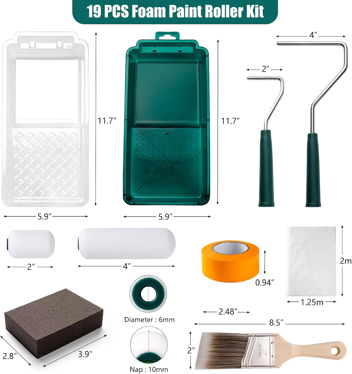 Paint Roller Kit, 19 Pack, 4"2" Small Foam Roller, Paint Brush
