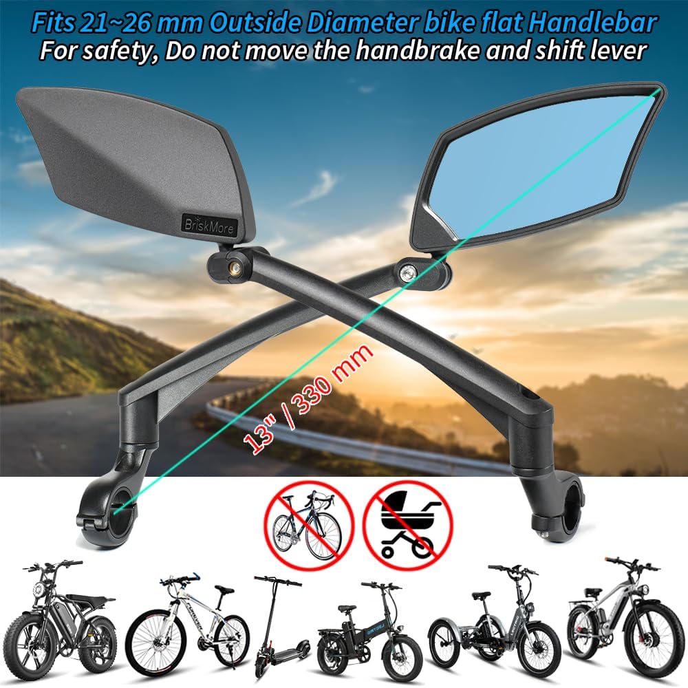BriskMore Handlebar Bike Mirror - Crystal Clear HD Glass, 360° Adjustable&Foldable Mirror for Safe Riding, Wide Angle Rearview for E-Bikes, Mountain Bikes & Scooters,Bicycle Mirror