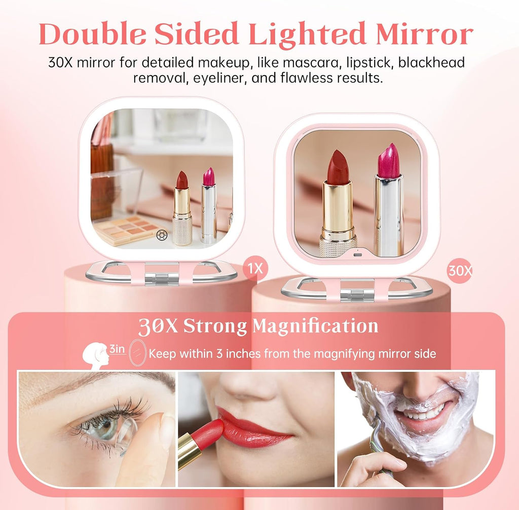 FASCINATE 3.5" Rechargeable Travel Makeup Mirror 30X Magnification (Pink)
