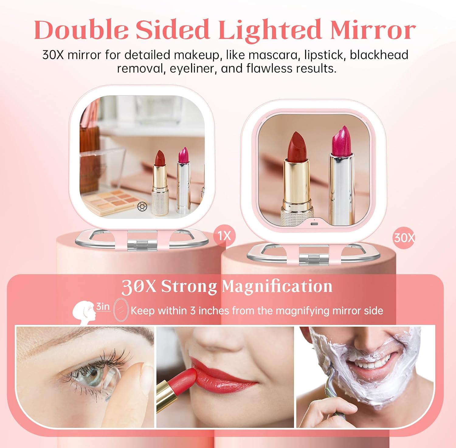 FASCINATE 3.5" Rechargeable Travel Makeup Mirror 30X Magnification (Pink)