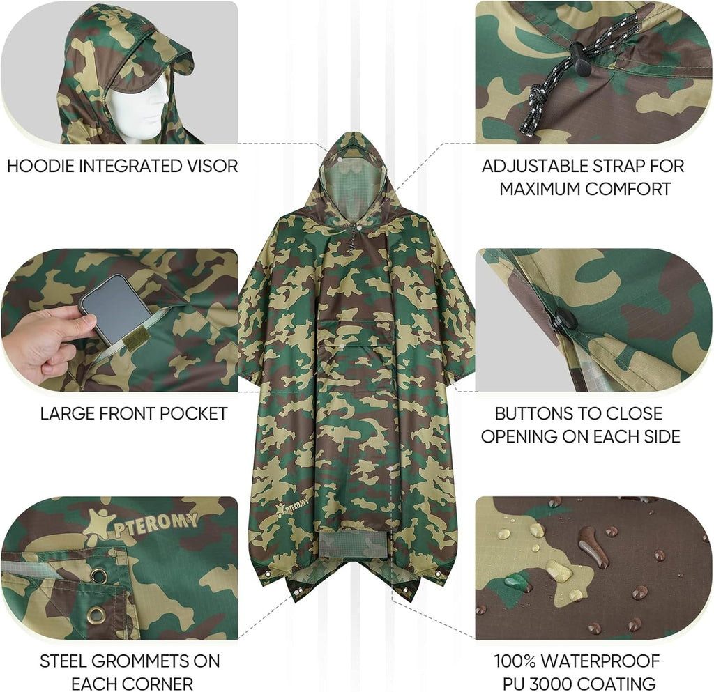 PTEROMY Hooded Rain Poncho for Adults, Reusable Waterproof Raincoat