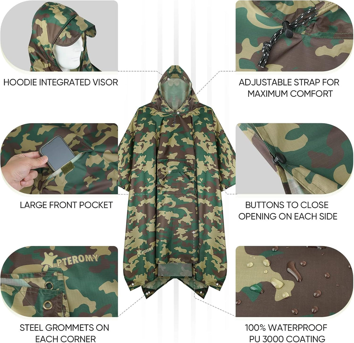 PTEROMY Hooded Rain Poncho for Adults, Reusable Waterproof Raincoat