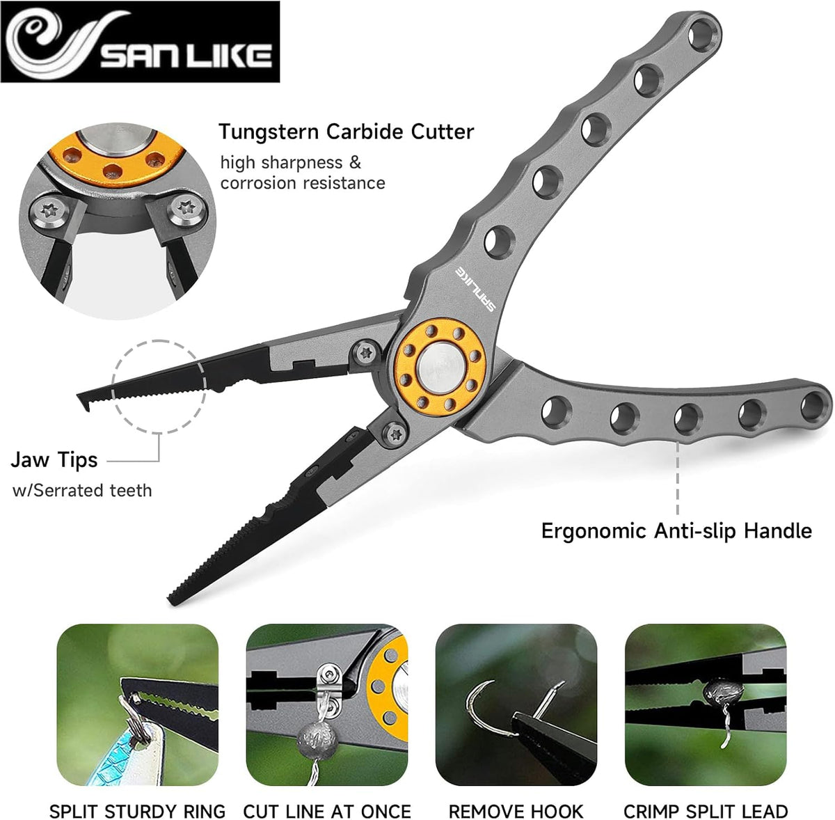 SANLIKE Aluminum Fishing Pliers Hook Remover Tungsten Carbide Braid Cutters