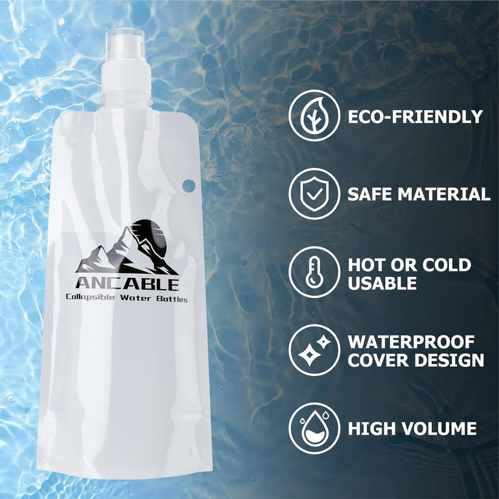 Ancable 17oz Collapsible Water Bottles, 6-Pack Reusable Travel Foldable Water Bottles for Hiking Camping Running Bike, BPA-Free Water Bottle, White