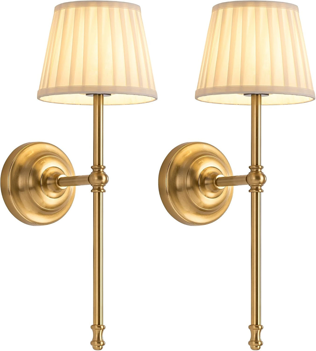 KDG Gold Cordless Wall Sconces Set of 2, Beige Fabric LED Wall Lamps