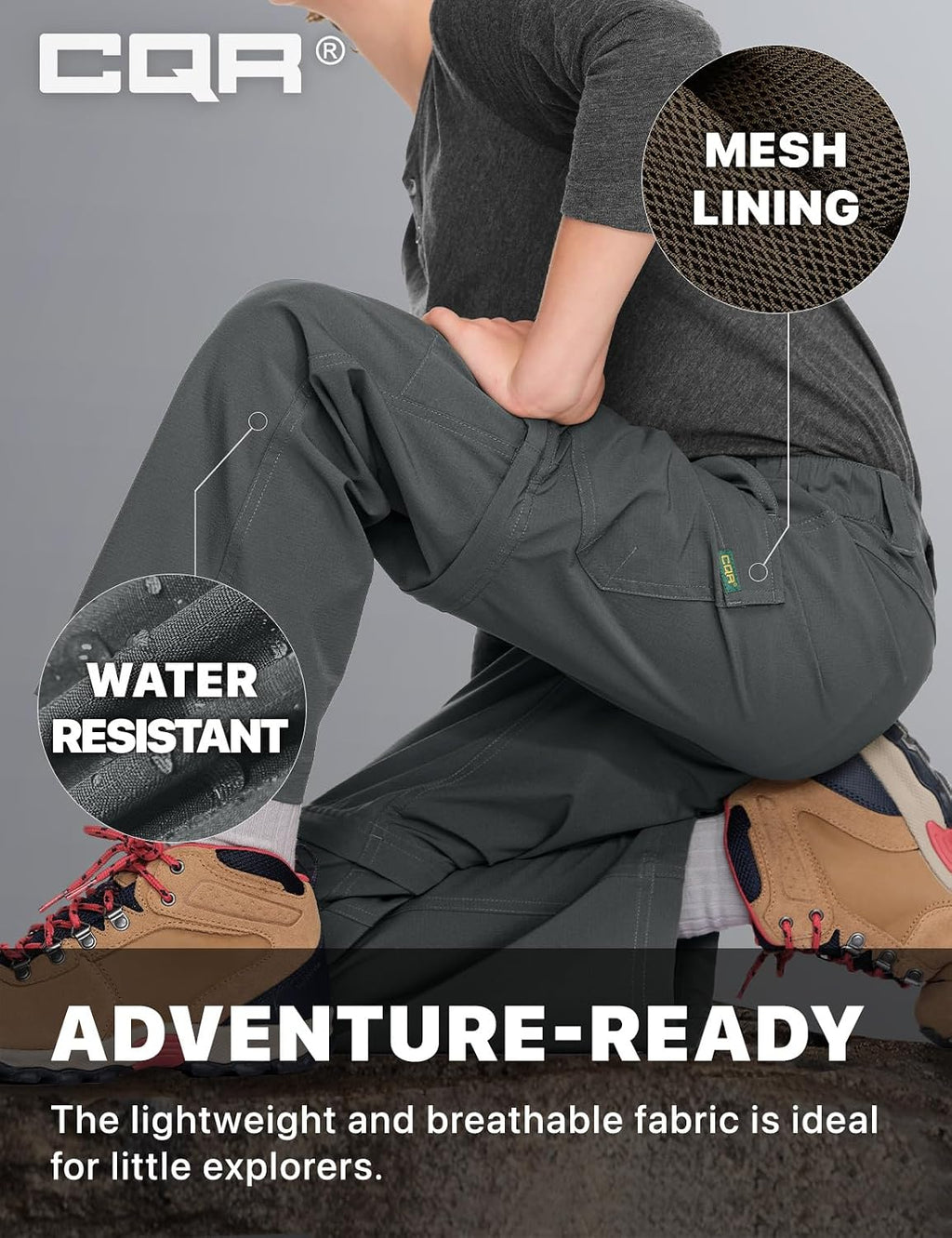 CQR Kids Youth Hiking Cargo Pants, UPF 50+ Quick Dry Convertible Zip Off Pants, Outdoor Camping Pants