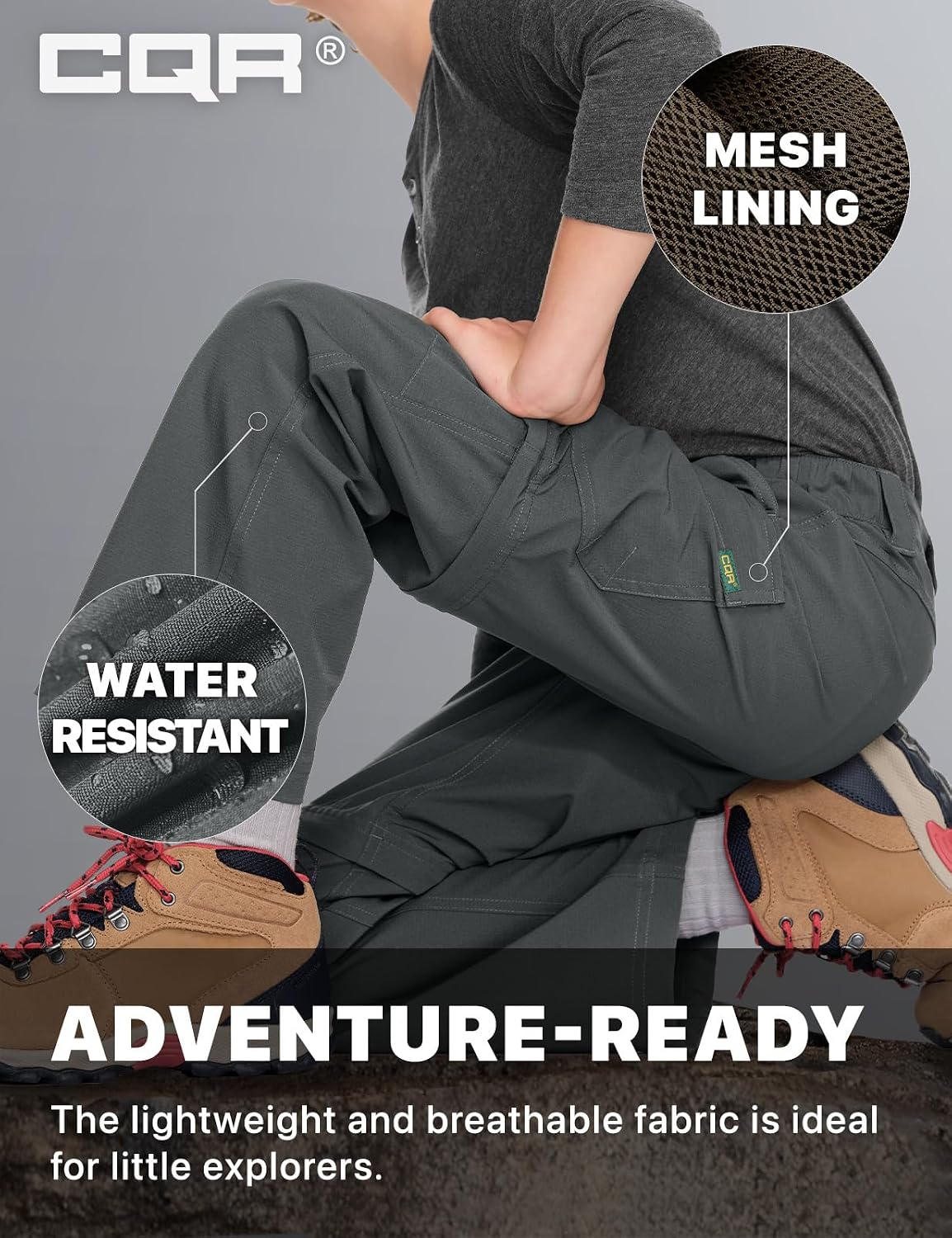 CQR Kids Youth Hiking Cargo Pants, UPF 50+ Quick Dry Convertible Zip Off Pants, Outdoor Camping Pants