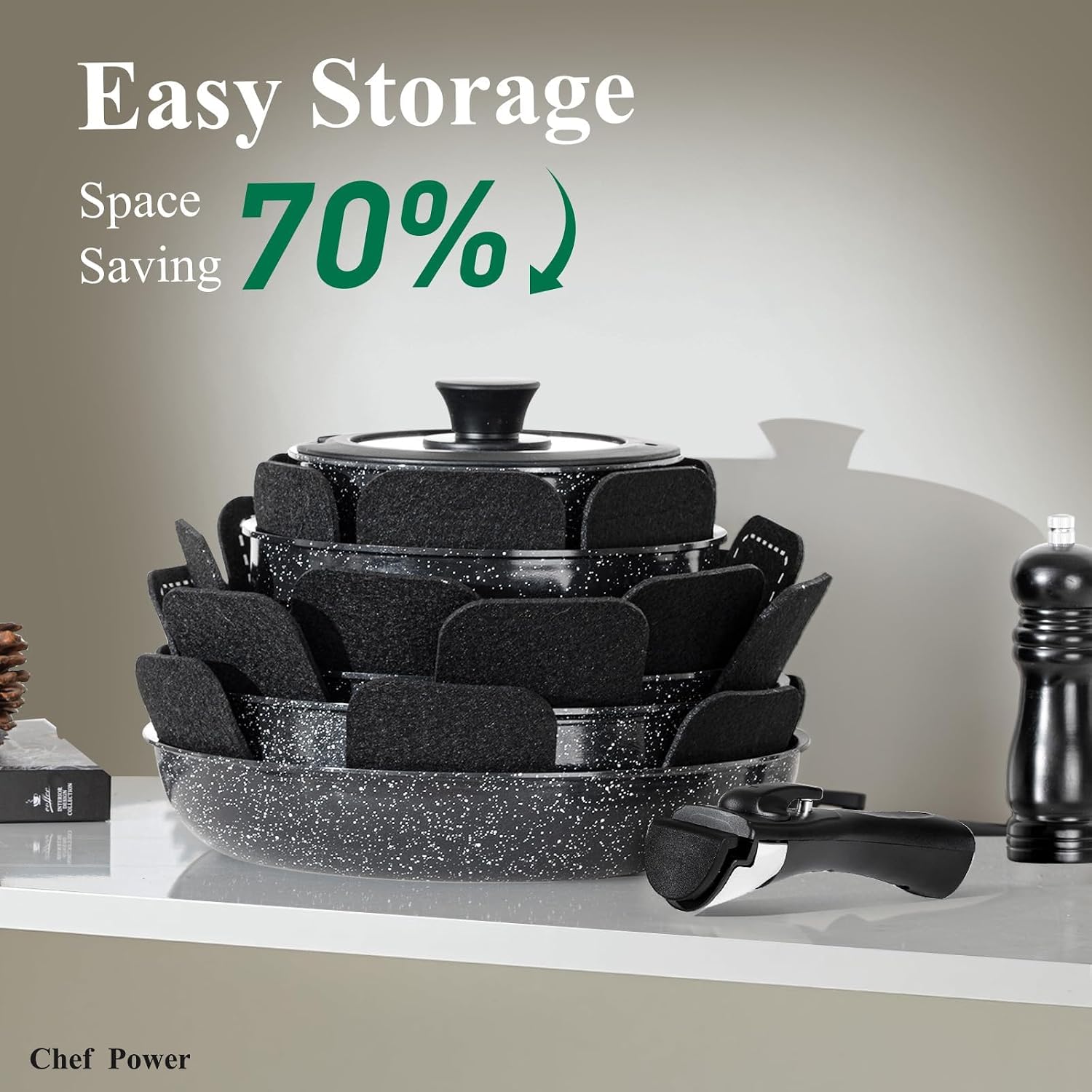 Chef Power Ceramic Cookware Set, 19 PCS Detachable Non Stick Pots and Pans