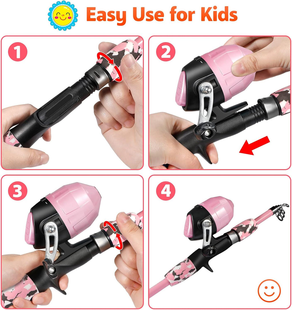PLUSINNO Kids Fishing Pole with Spincast Reel Telescopic Fishing Rod Combo Full Kits for Boys, Girls, and Adults