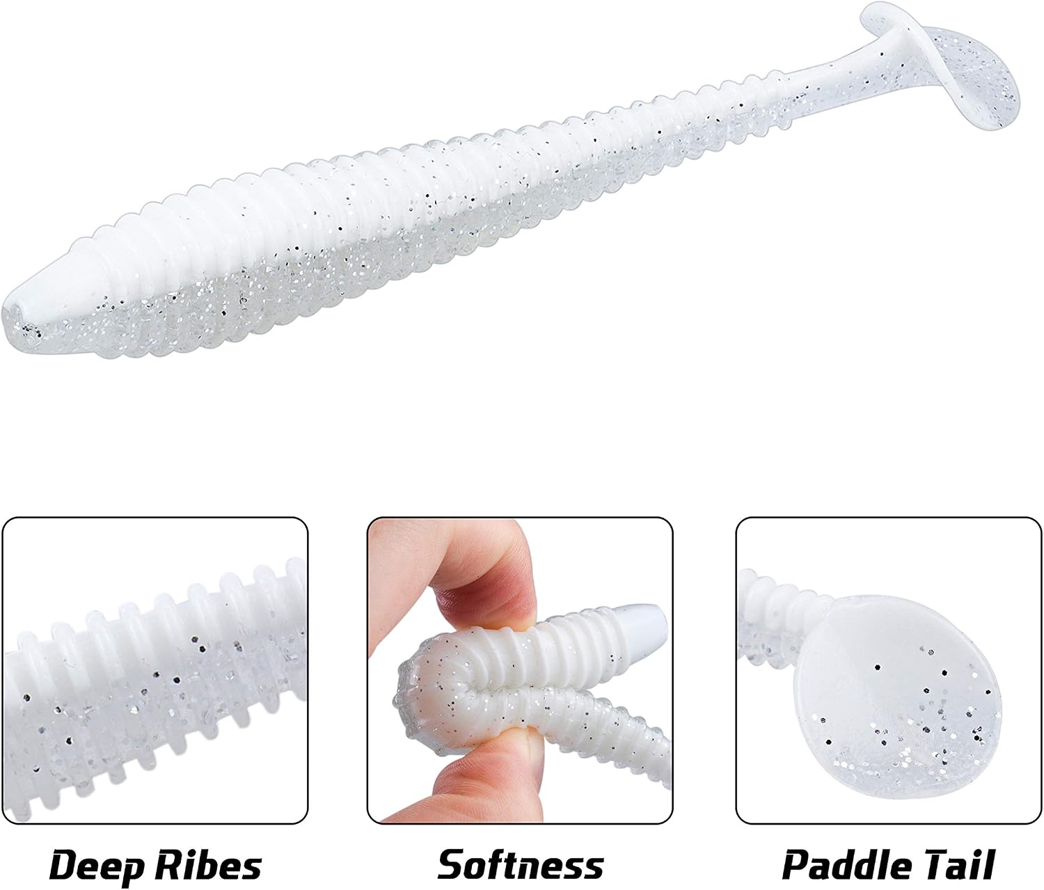 RUNCL Swimbaits Paddle 10/20/30/40PCS, 5/4/3/2 Inchs Paddle Tail, Soft Lure for Trout Crappie Bass, Durable Plastic Bait Swimmer for Saltwater/Freshwater, Fishing Lover's Gift
