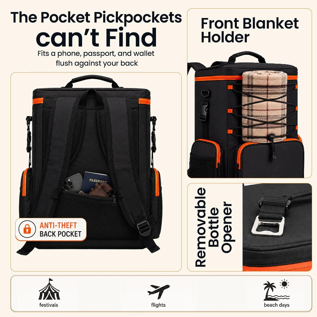 35L Insulated Cooler Backpack (35 Cans) - Leakproof Soft Sided Backpack Cooler with Anti-Theft Pocket & Bottle Opener - Beach, Hiking, Camping, Tailgate - Gift for Men & Women
