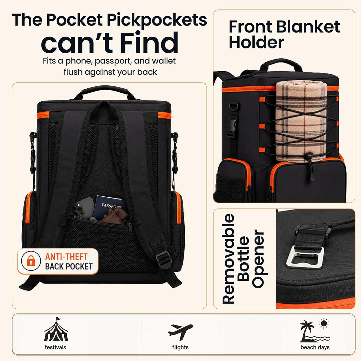 35L Insulated Cooler Backpack (35 Cans) - Leakproof Soft Sided Backpack Cooler with Anti-Theft Pocket & Bottle Opener - Beach, Hiking, Camping, Tailgate - Gift for Men & Women