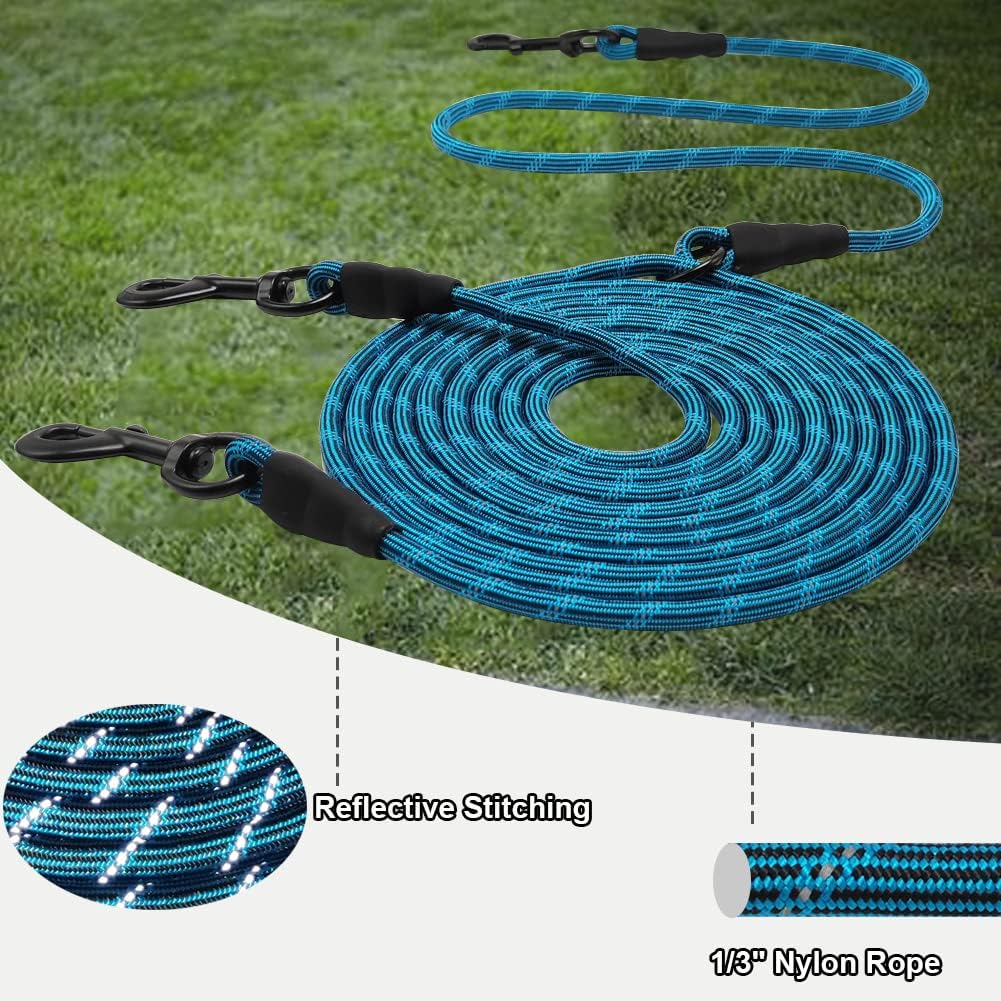 BTINESFUL 12FT 20FT 30FT 50FT Reflective Dog Tie Out for 2 Dogs, No Tangle 1/3 Inch Nylon Rope Long Tether for Two Dogs, Dog Trolley Runner for Yard Outdoor Camping (30ft x 1/3", Blue)