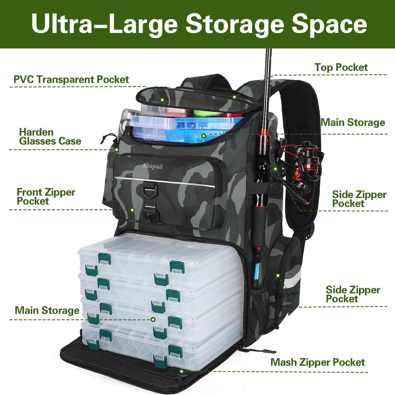 Fishing Backpack with 2 Rod Holders, Large Water Resistant Tackle Storage Bag for Fishing Gear, Fishing Bag Gifts for Men