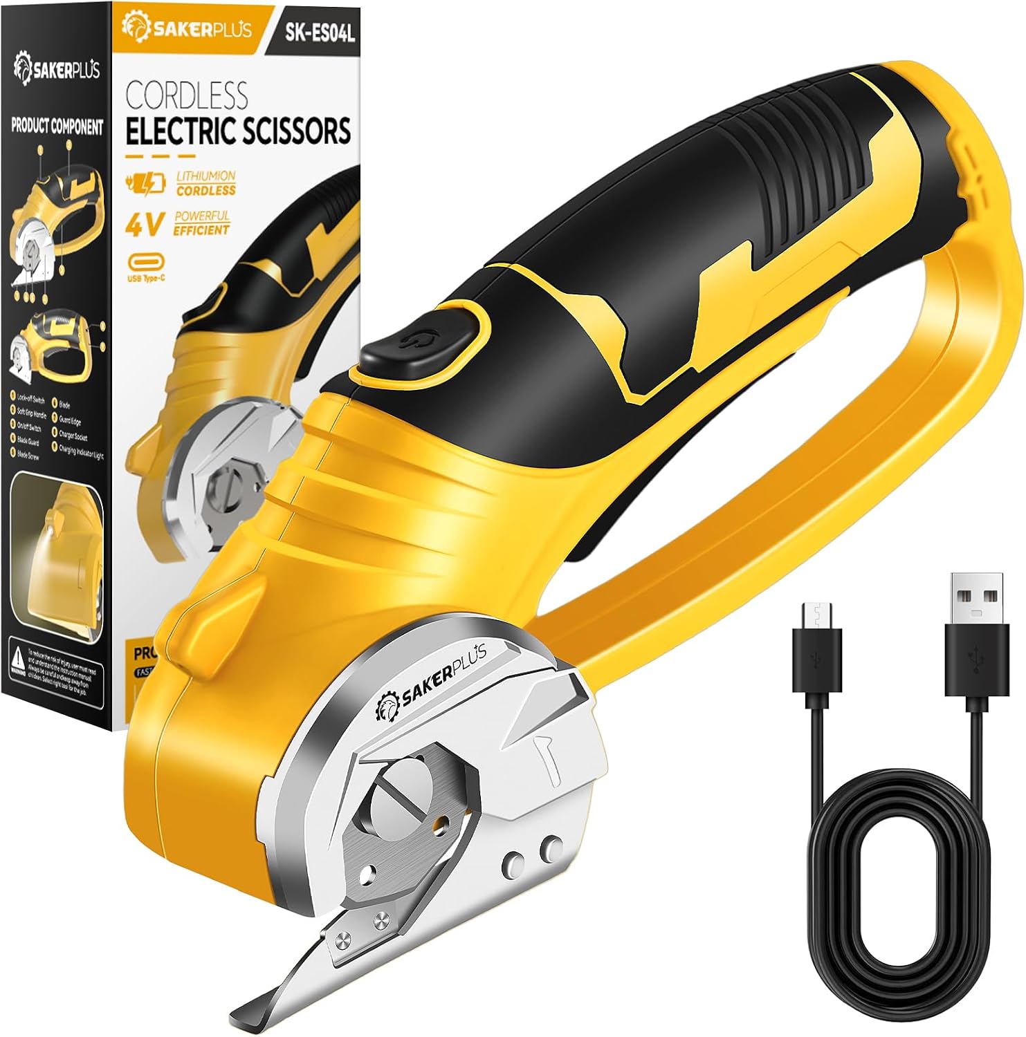 SakerPlus Cordless Electric Scissors, 4V Cardboard Cutter, Box Cutter Fabric Scissor with Safety Lock & LED Light, Rechargeable Power Rotary Cutters for Box Carpet Fabric Plastic Leather