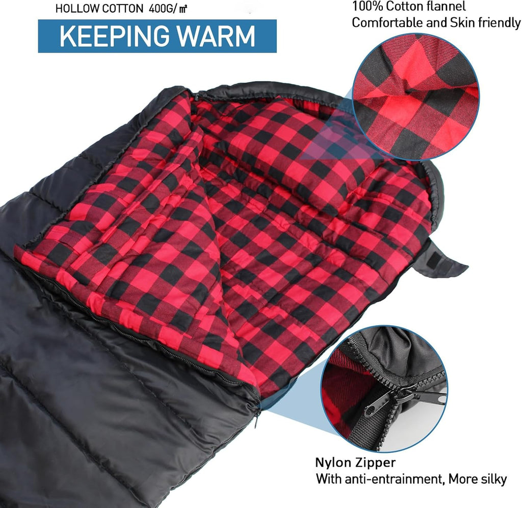 Keencamp 0 Degree Sleeping Bag Cotton Flannel Winter Cold Weather for Adults XXL Sleeping Bag 4 Season Big and Tall with Pillow Compression Sack