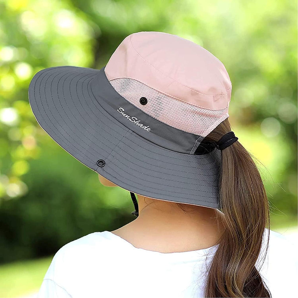ZOORON Women's Ponytail Safari Sun Hat,Wide Brim UV Protection Bucket Hat