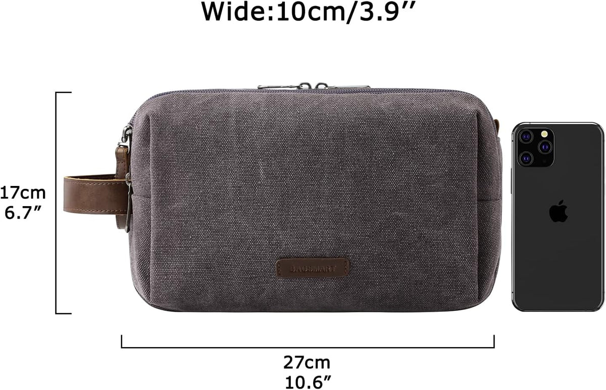 BAGSMART Toiletry Bag for Men, Canvas Travel Toiletry Organizer Dopp Kit Water-resistant Shaving Bag for Toiletries Accessories,Grey-Medium