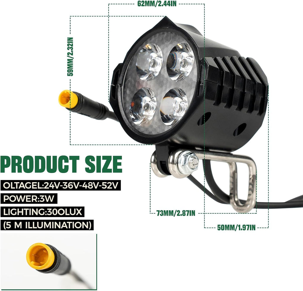 Electric Bike Headlight with Horn, 3-Pin Wired E-Bike Front Lamp Replacement, 4 LED Front Light for 24V 36V 48V 52V Electric Bicycle, Scooter and Ebike, Adjustable Metal Bracket