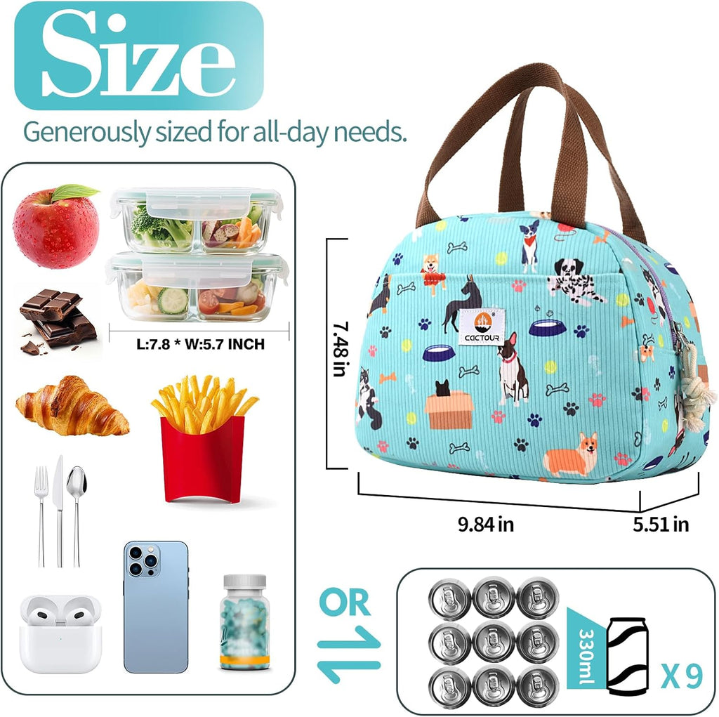 CaCTOUR Lunch Box for Women Girls Teens,Cute Lunch Box Cooler Bag, Portable Insulated Small Lunch Bag Women Reusable Corduroy Lunch Tote for Work/Travel/Picnic/School (Green,Small)