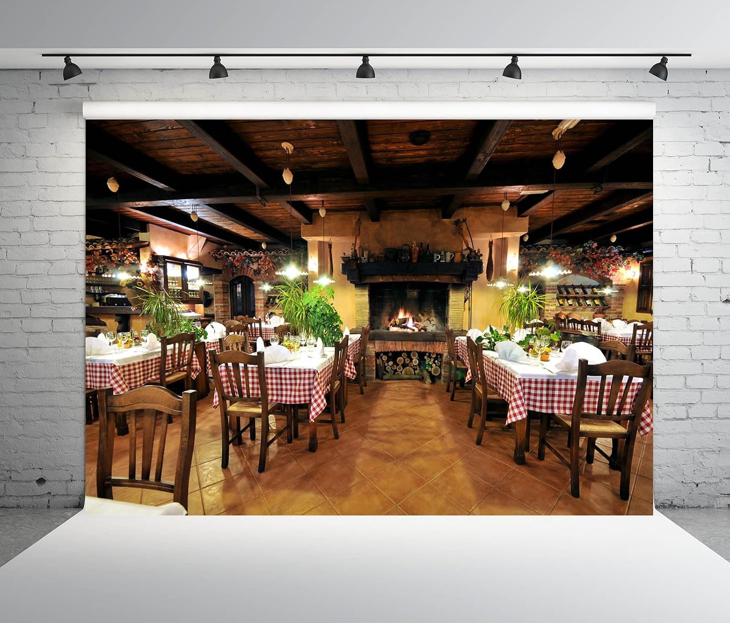 7x5ft Fabric Cafe Restaurant Backdrop for Photography Italy Restaurant Interior Fireplace Dining Tables Scene Backdrop Child Kids Adult Travel Photo Shoot Studio Props Indoor Decors