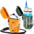 Electric Plasma Lighter, Torch Lighter, 2 Pack Outdoor Waterproof Matches | A Rechargeable Dual Arc lighter + A Refillable Butane Lighter, Camping Hiking Hunting Gadgets,Survival Gear Gifts for Men
