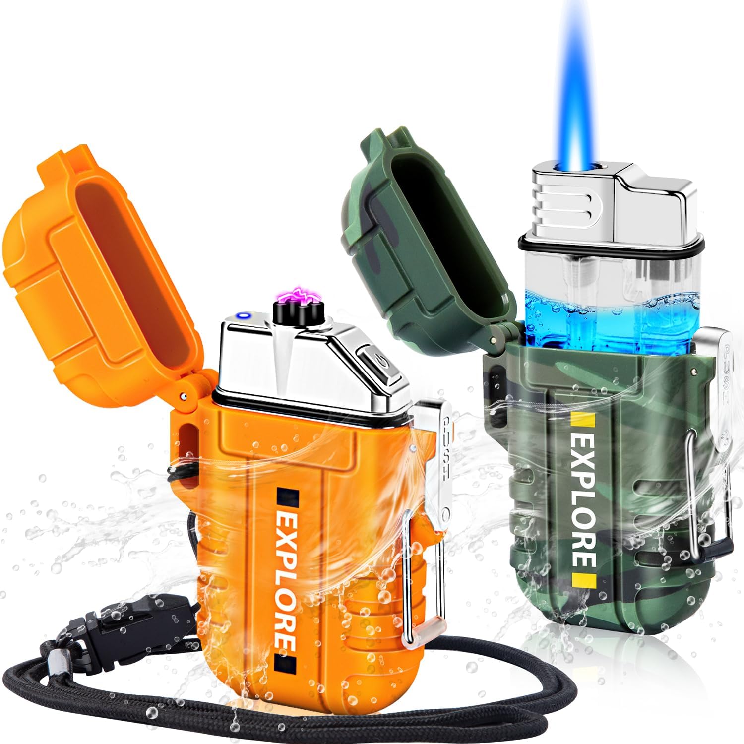 Electric Plasma Lighter, Torch Lighter, 2 Pack Outdoor Waterproof Matches | A Rechargeable Dual Arc lighter + A Refillable Butane Lighter, Camping Hiking Hunting Gadgets,Survival Gear Gifts for Men