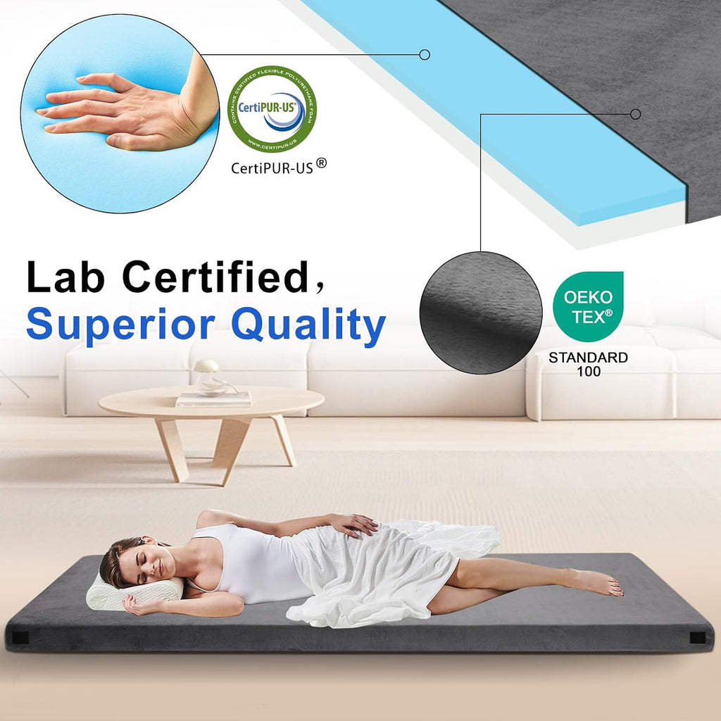 Memory Foam Camping Mattress pad, Comfortable Thick Floor Sleeping Mat for Adults with Waterproof and Non-Slip Bottom, Portable Roll Up Mattress for Sleepover Guest,Cot Mad for Car Camping