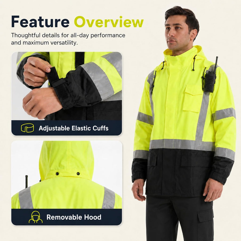 SKSAFETY Hi Vis Safety Rain Jacket for Men, Construction Work Rain Gear Heavy Duty Class 3 Rain Coat Waterproof Lightweight