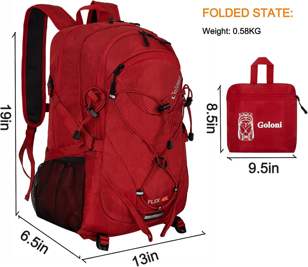 Goloni 45L Hiking Backpack Lightweight Foldable, Waterproof Camping Backpack with Rain Cover & Hiking Pole Mat Carrying System, Ergonomic Water Resistant Daypack for Trekking Travel Men Women Red