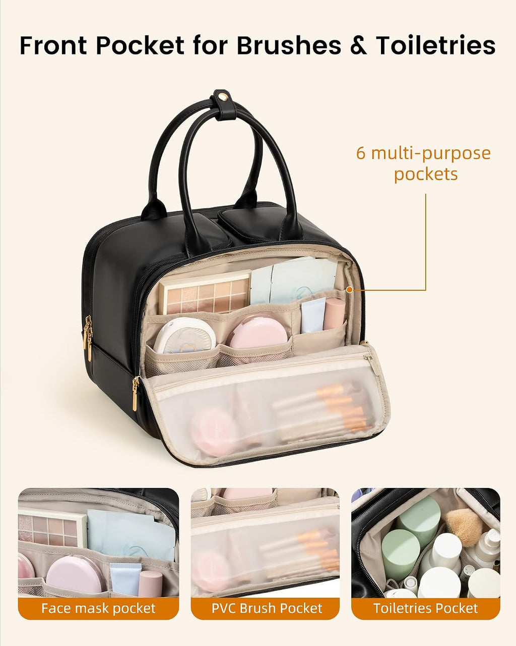 LOVEVOOK Travel Toiletry Bag for women, Leather Large Wide-open Makeup Bag, Waterproof Cosmetic Bag Organizer for Shower, Traveling, Toiletries, Bathroom