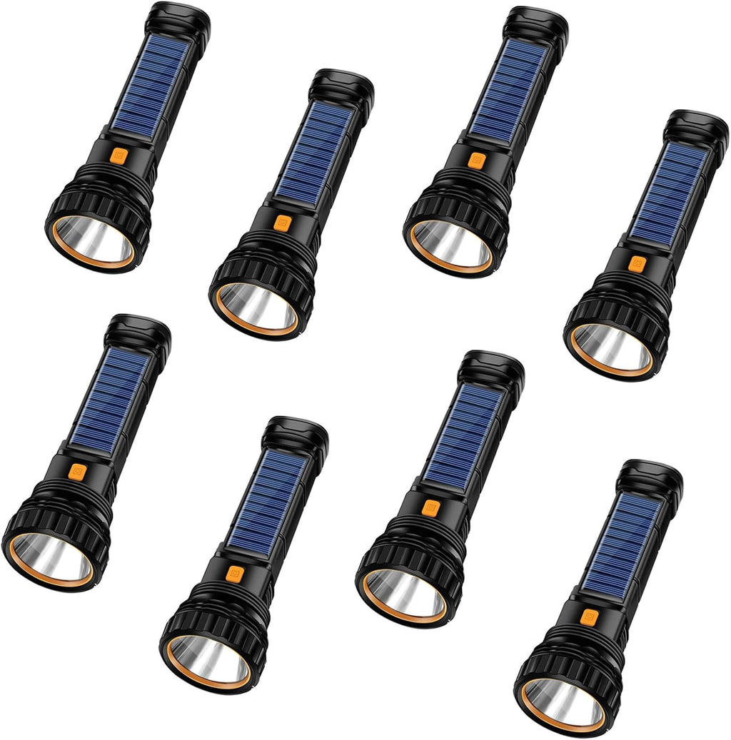 E-SHIDAI Solar/Rechargeable Multi Function 1000 Lumens LED Flashlight, with Emergency Strobe Light and 1200 Mah Battery, Emergency Power Supply and USB Charging Cable, Fast Charging (8PC)