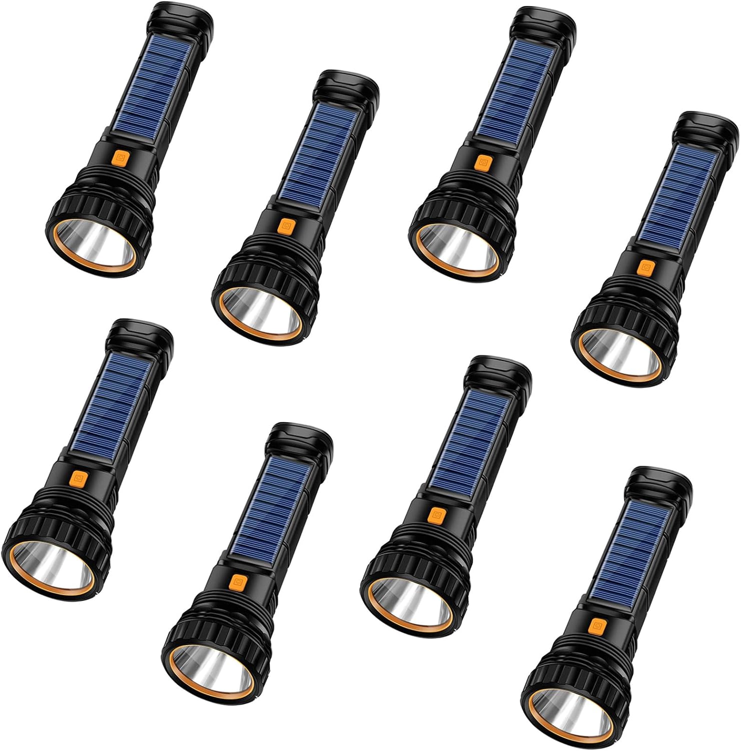 E-SHIDAI Solar/Rechargeable Multi Function 1000 Lumens LED Flashlight, with Emergency Strobe Light and 1200 Mah Battery, Emergency Power Supply and USB Charging Cable, Fast Charging (8PC)